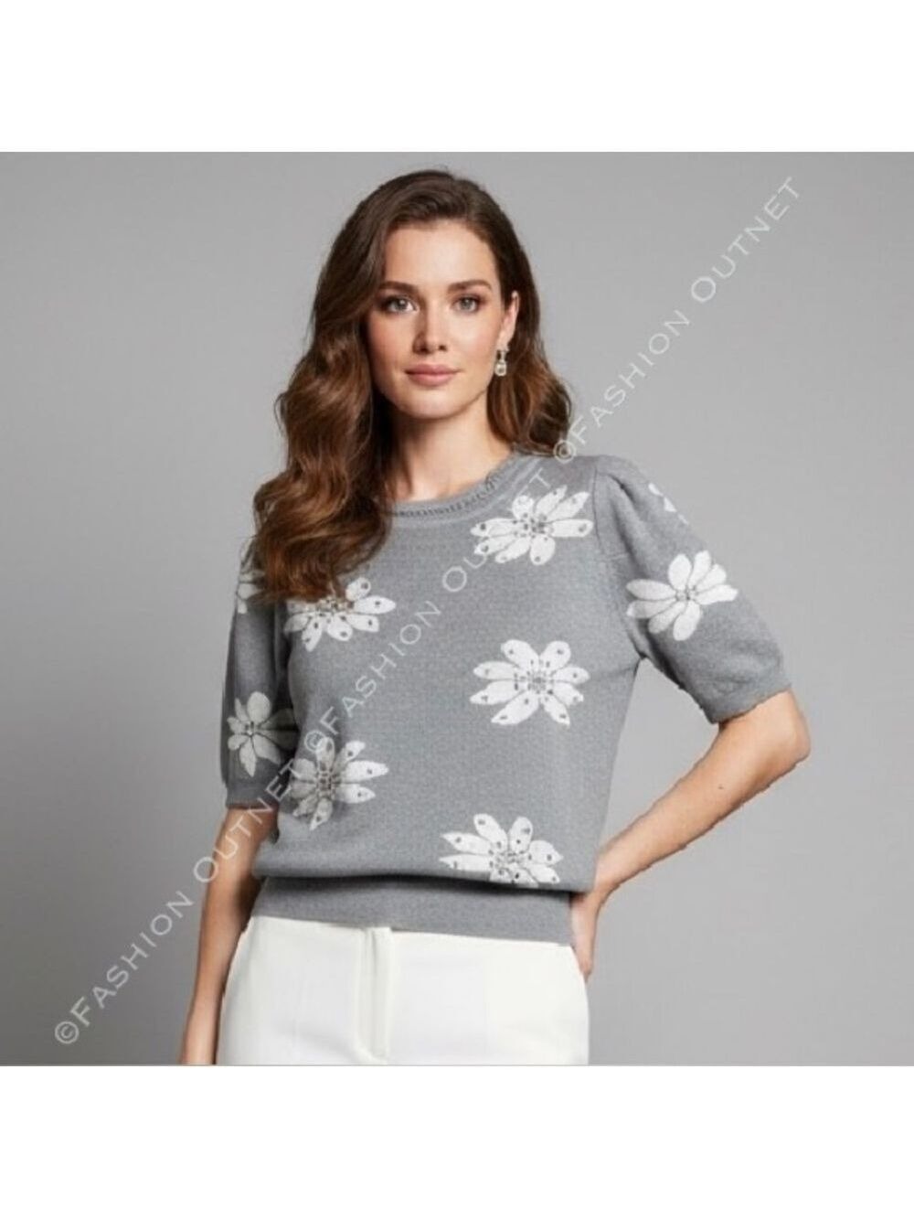 New Nanette Lepore Crystal Floral Knit Top Grey Coquette Short Sleeve Sweater M
